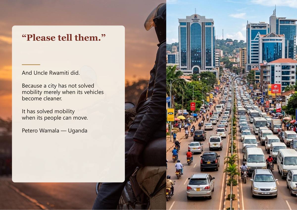 Scene 7 (closing): "Please tell them." A city has not solved mobility merely when its vehicles become cleaner — it has solved mobility when its people can move.